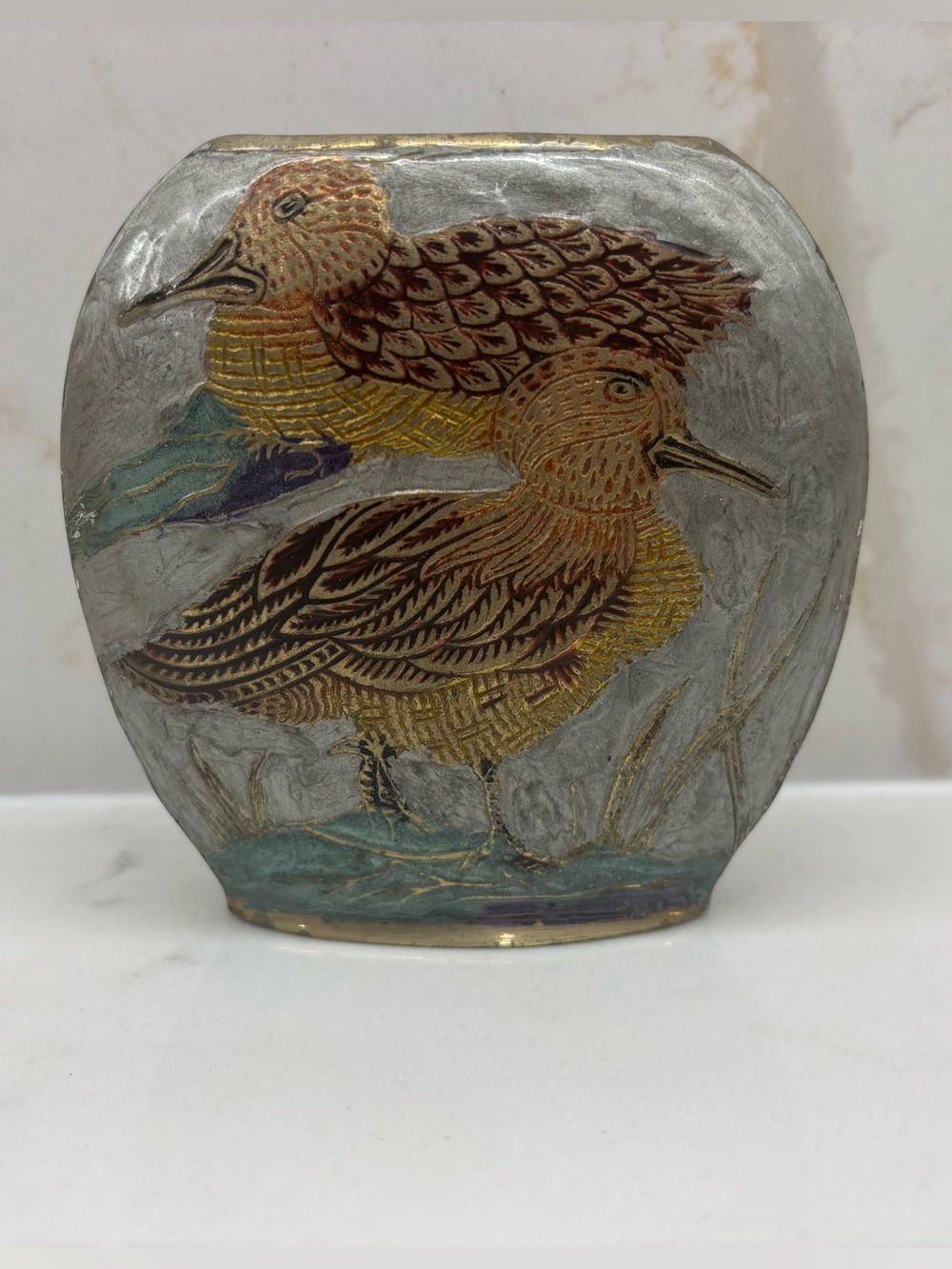 Vintage Handmade Brass Enameled German Oval 5" Vase Ducks & Water Design